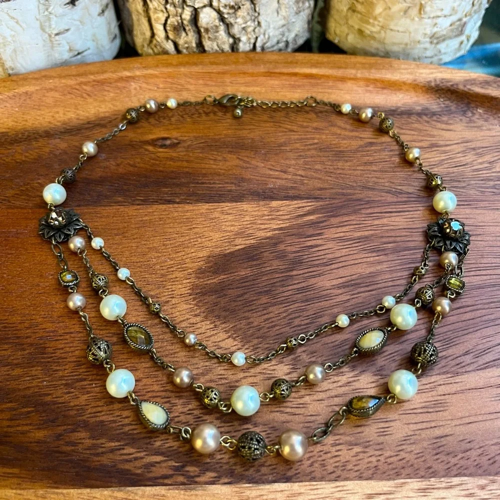 Vintage Opalite Pearl Layered Necklace Boho Romantic Filigree Floral Accent